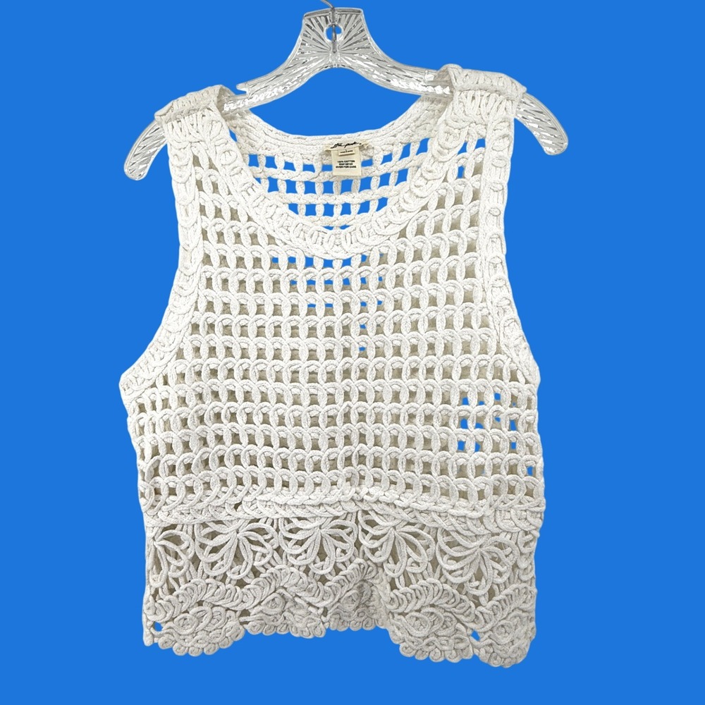 Ultra Pink White Crochet Knit Sleeveless Top Floral Lace Hem Boho Cotton Large
